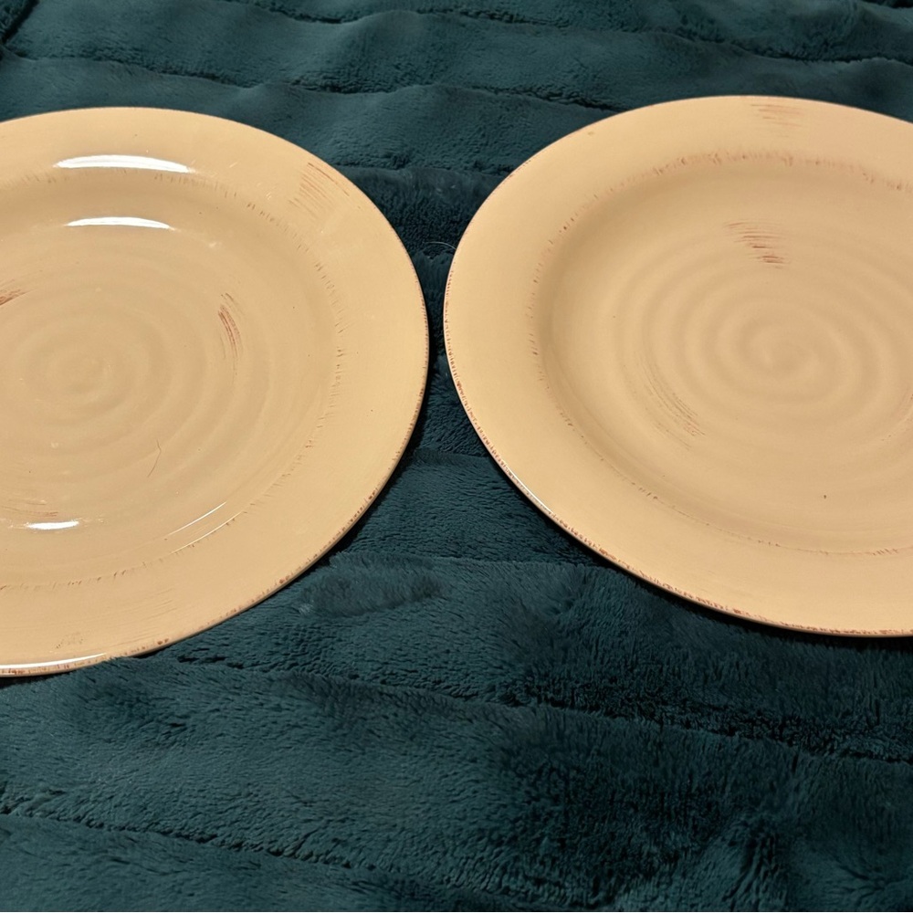 Set of 2 Gibson Designs Hammered Shades Camel Beige 9.5" Dinner Plates Handpaint